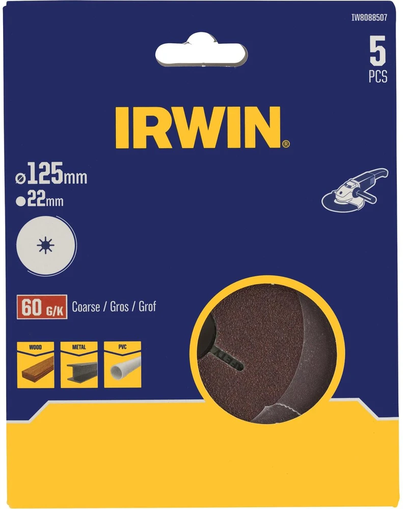 IRWIN FIBER DISKAS 125mm, skylė 22mm, P 60 /5vnt.