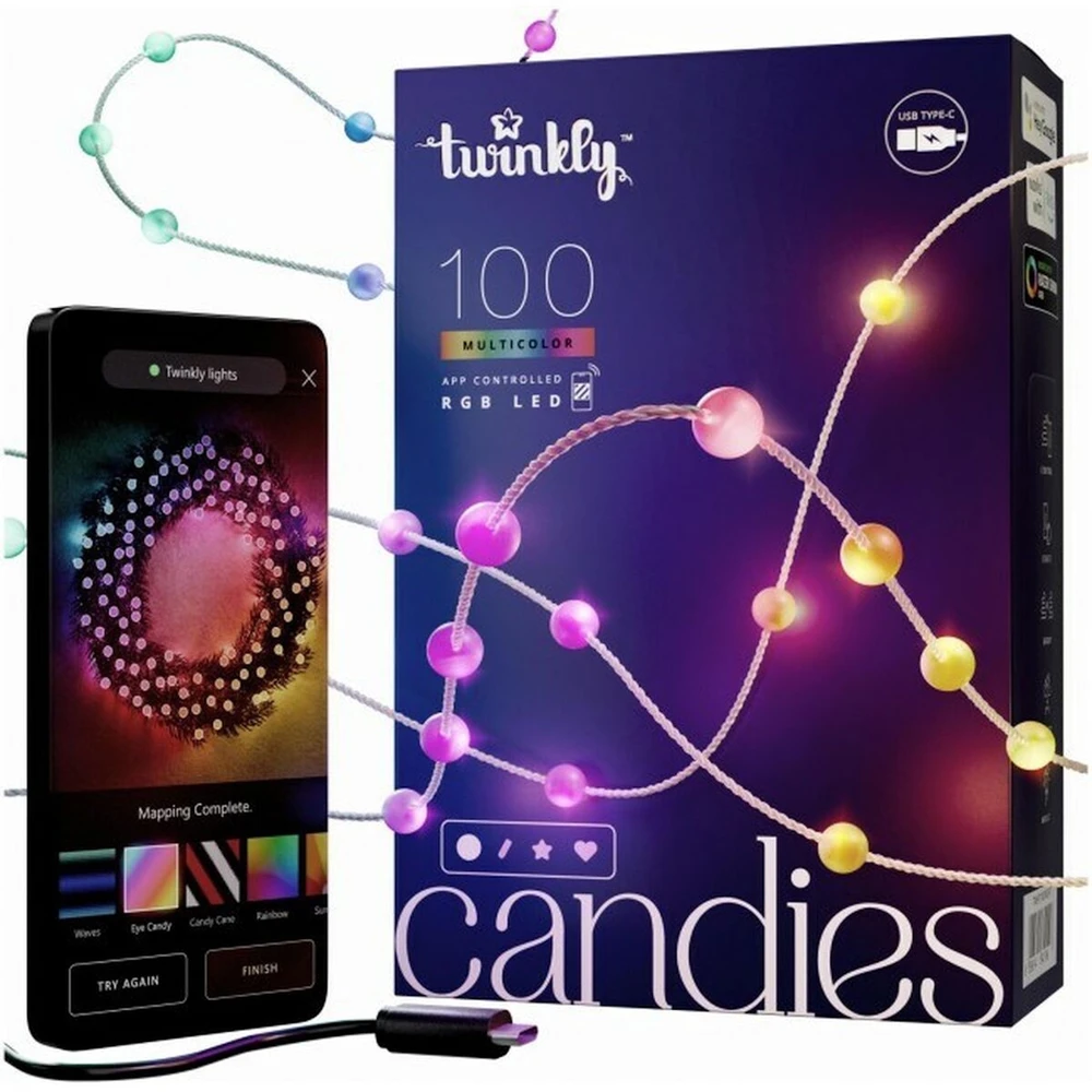 Kalėdinė girlianda Twinkly Candies 100 RGB LED USB- C, žalios spalvos laidas
