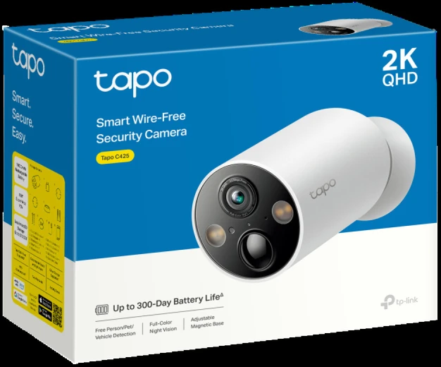 TP-LINK | Išmanioji belaidė apsaugos kamera | Tapo C425 | 24 mėn. | Kulka | 4 MP | F/2.1 | IP66 | H.264 | „MicroSD“, iki 512 GB