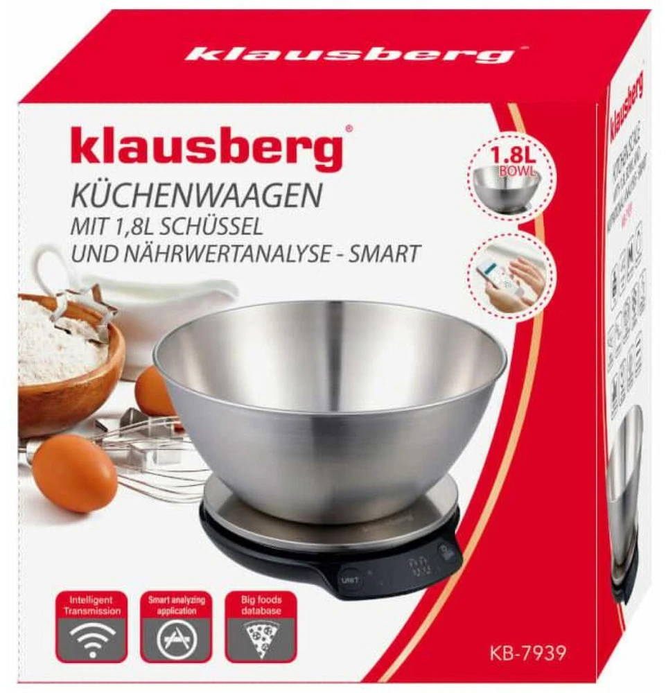 Virtuvinės svarstyklės Klausberg Svarstyklės Dietinės virtuvės svarstyklės su dubeniu, 1,8 l, „Bluetooth“, programėlė