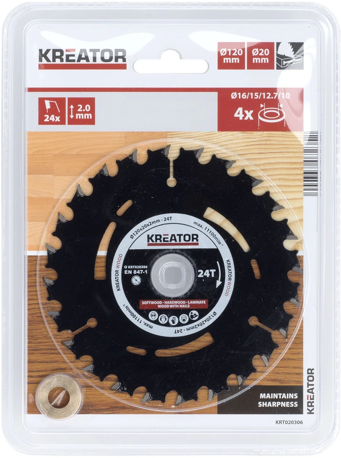 Kreator Diskinis pjūklas KRT020306, 120mm, 20mm, 2mm, 24T, 18°, 1.3mm, 4 redukciniai žiedai