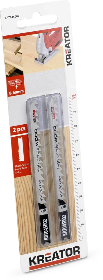 Kreator KRT045002 Dėlionės pjūklo diskas, 100mm, 6 TPI, 2 vnt., U formos kotas, mediena 60mm, plastikas 50mm