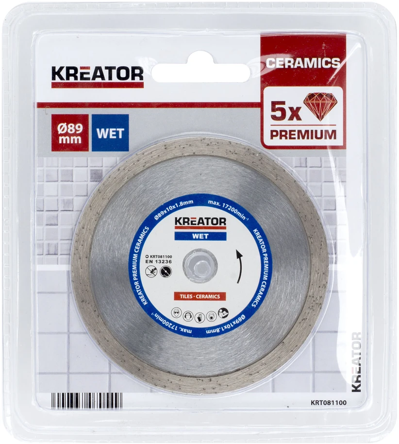 Kreator KRT081100 deimantinis pjovimo diskas, 89mm, 10mm, 1.80mm, 1.20mm, 17200 aps/min, šlapiam pjovimui