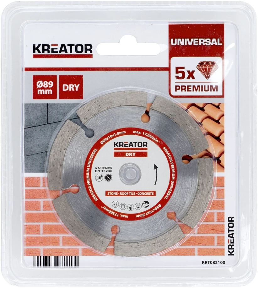 Kreator KRT082100 deimantinis pjovimo diskas, Ø89mm, 10mm anga, 1,8mm pjūvis, 6 segmentai, 17200 aps/min, sausas pjovimas