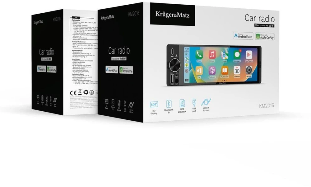 Kruger & Matz KM2016 1DIN CarPlay/AndroidAuto automobilio radijas