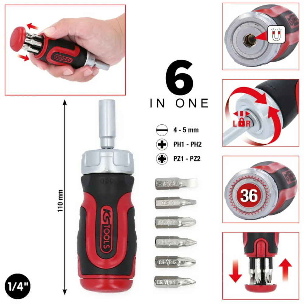 6 in 1 Mini ratchet bit driver, 1/4´´, KS Tools
