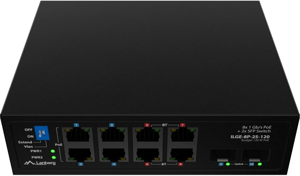 Šakotuvas Lanberg šviesos pramoninis POE komutatorius 4xBT 4xAT 2xSFP DIN nevaldomas gigabitinis eternetas