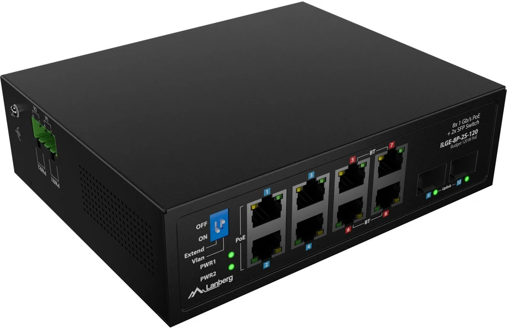 Šakotuvas Lanberg šviesos pramoninis POE komutatorius 4xBT 4xAT 2xSFP DIN nevaldomas gigabitinis eternetas