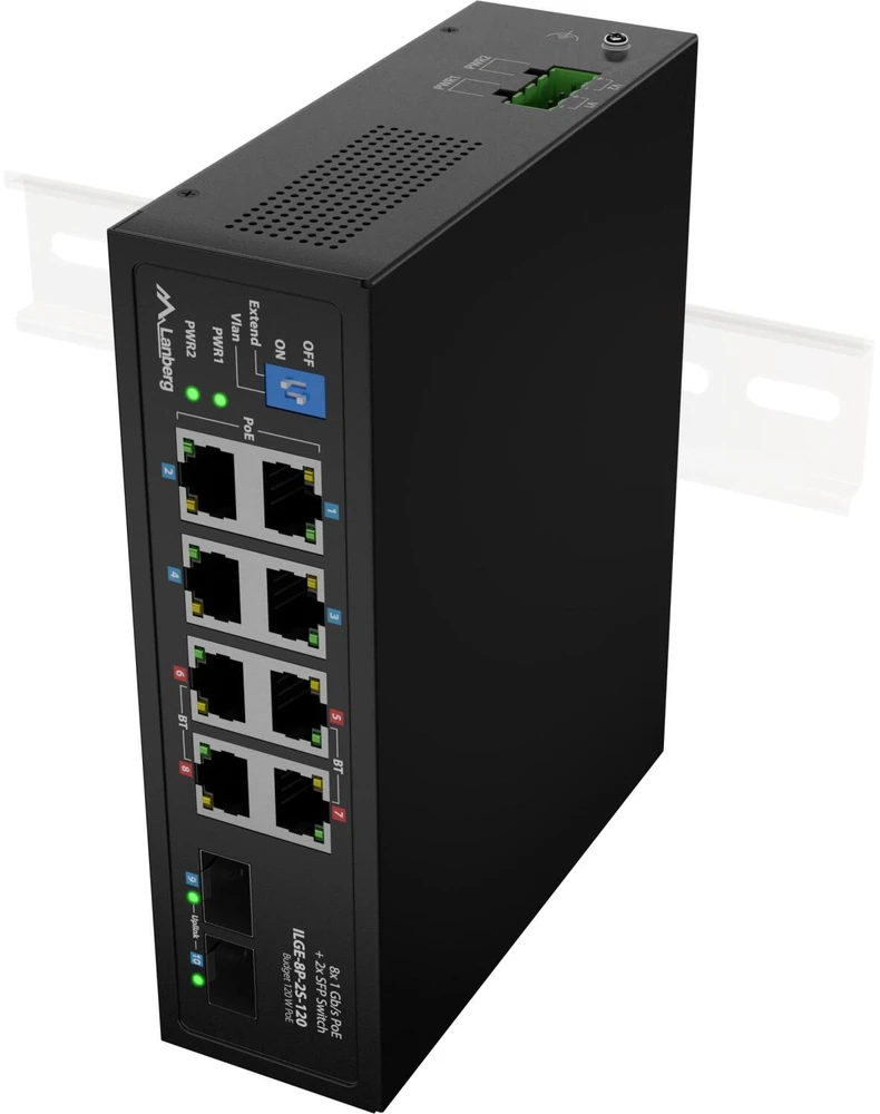 Šakotuvas Lanberg šviesos pramoninis POE komutatorius 4xBT 4xAT 2xSFP DIN nevaldomas gigabitinis eternetas