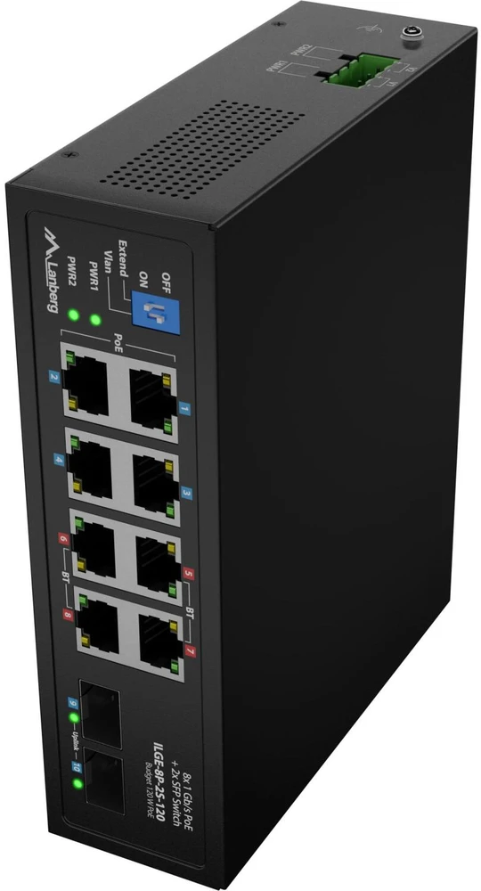 Šakotuvas Lanberg šviesos pramoninis POE komutatorius 4xBT 4xAT 2xSFP DIN nevaldomas gigabitinis eternetas