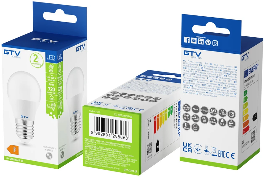 GTV LED ŠVIESOS šaltinis, A-G, B45, SMD 2835, 6400K, E27, 8,0W, AC180-250V, 160°, 720lm, 70mA