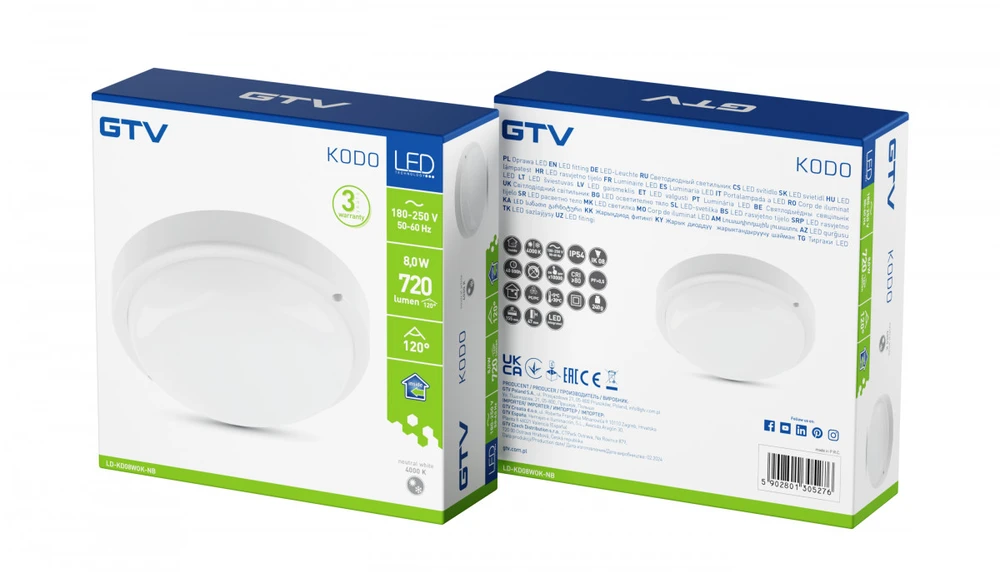 GTV LED KODO-OK lempa, 8W, 720lm, AC175-260V, 50/60 Hz, PF>0,5, Ra≥80, IP54, IK08, 4000K, apva