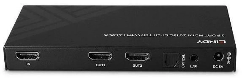HDMI Skirstytuvas - LINDY 2 Prievadų HDMI Skirstytuvas 8K60, 48G, Su Garso Ištraukimu ir Sumažinimu, Juodas