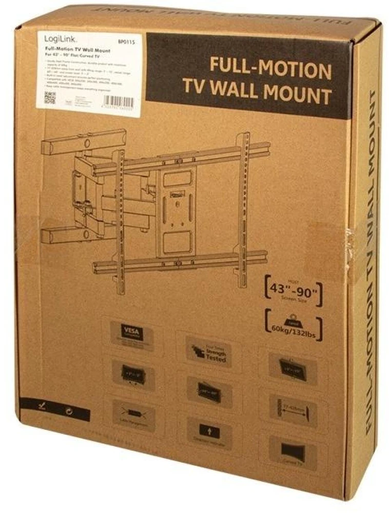 Laikiklis „LogiLink“ LOGILINK BP0115 televizorius, montuojamas ant sienos, 43–90 colių pakreipimas +3–15 pasukamas +-60 428 mm