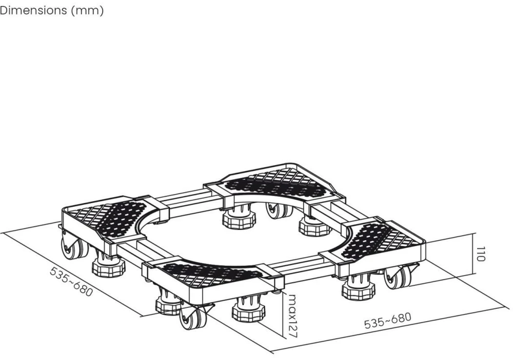Judanti platforma buitinei technikai Maclean, ratukų blokavimas, plotis 535–680 mm, universali, buitinei technikai transportuoti, iki 400 kg, MC-217