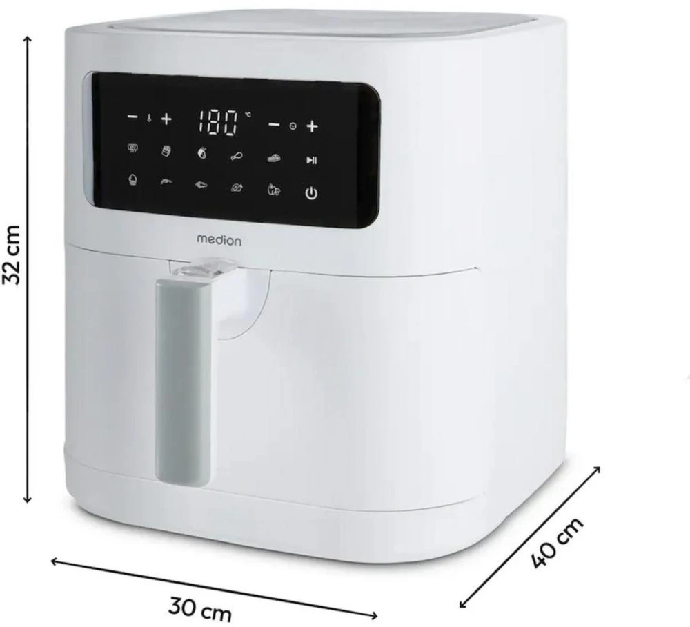 Medion karšto oro gruzdintuvė Life MD 11740 E40 XL, 50078152, 2150W, 5.2l, 50-200°C, 9 programos, 60 min laikmatis, ekranas, balta