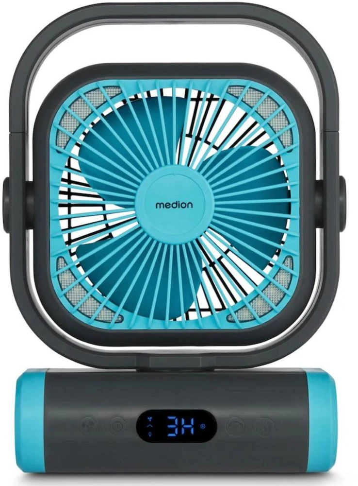 Ventiliatorius Medion LIFE Camping Ventilator E10 TF MD 12065 50078408, 20W, 4m/s, 48dB, 110°, 5 greičiai, 2 režimai, 10000mAh, USB-A, USB-C, LED