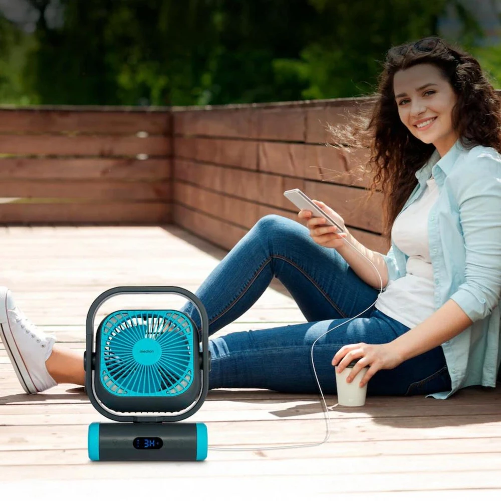 Ventiliatorius Medion LIFE Camping Ventilator E10 TF MD 12065 50078408, 20W, 4m/s, 48dB, 110°, 5 greičiai, 2 režimai, 10000mAh, USB-A, USB-C, LED
