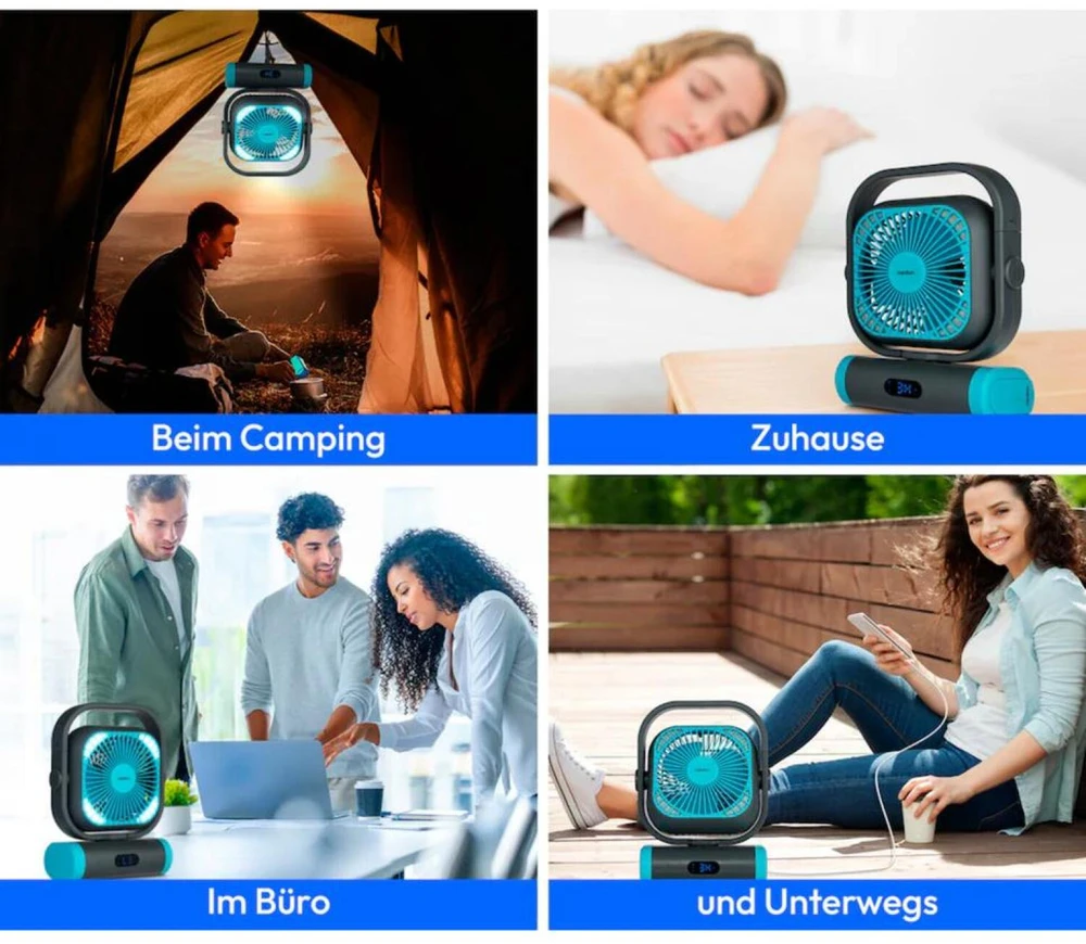 Ventiliatorius Medion LIFE Camping Ventilator E10 TF MD 12065 50078408, 20W, 4m/s, 48dB, 110°, 5 greičiai, 2 režimai, 10000mAh, USB-A, USB-C, LED