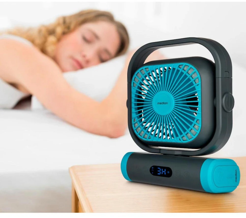 Ventiliatorius Medion LIFE Camping Ventilator E10 TF MD 12065 50078408, 20W, 4m/s, 48dB, 110°, 5 greičiai, 2 režimai, 10000mAh, USB-A, USB-C, LED