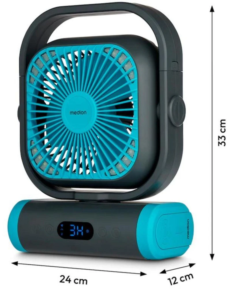 Ventiliatorius Medion LIFE Camping Ventilator E10 TF MD 12065 50078408, 20W, 4m/s, 48dB, 110°, 5 greičiai, 2 režimai, 10000mAh, USB-A, USB-C, LED