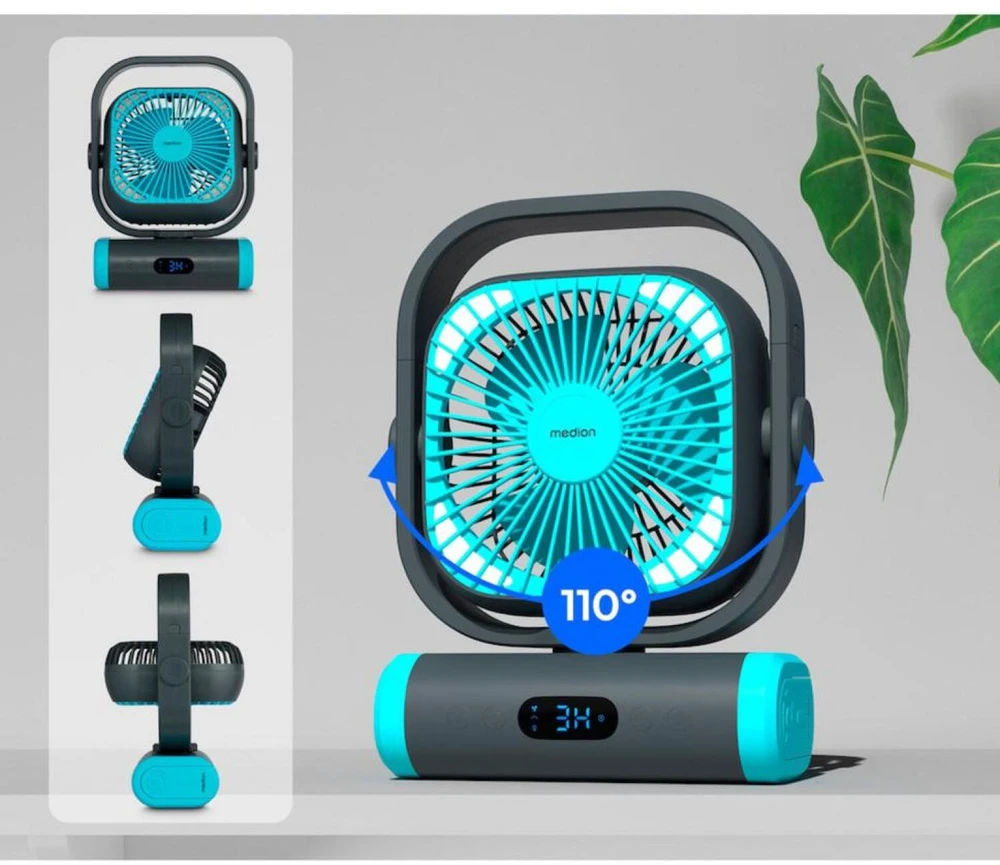 Ventiliatorius Medion LIFE Camping Ventilator E10 TF MD 12065 50078408, 20W, 4m/s, 48dB, 110°, 5 greičiai, 2 režimai, 10000mAh, USB-A, USB-C, LED