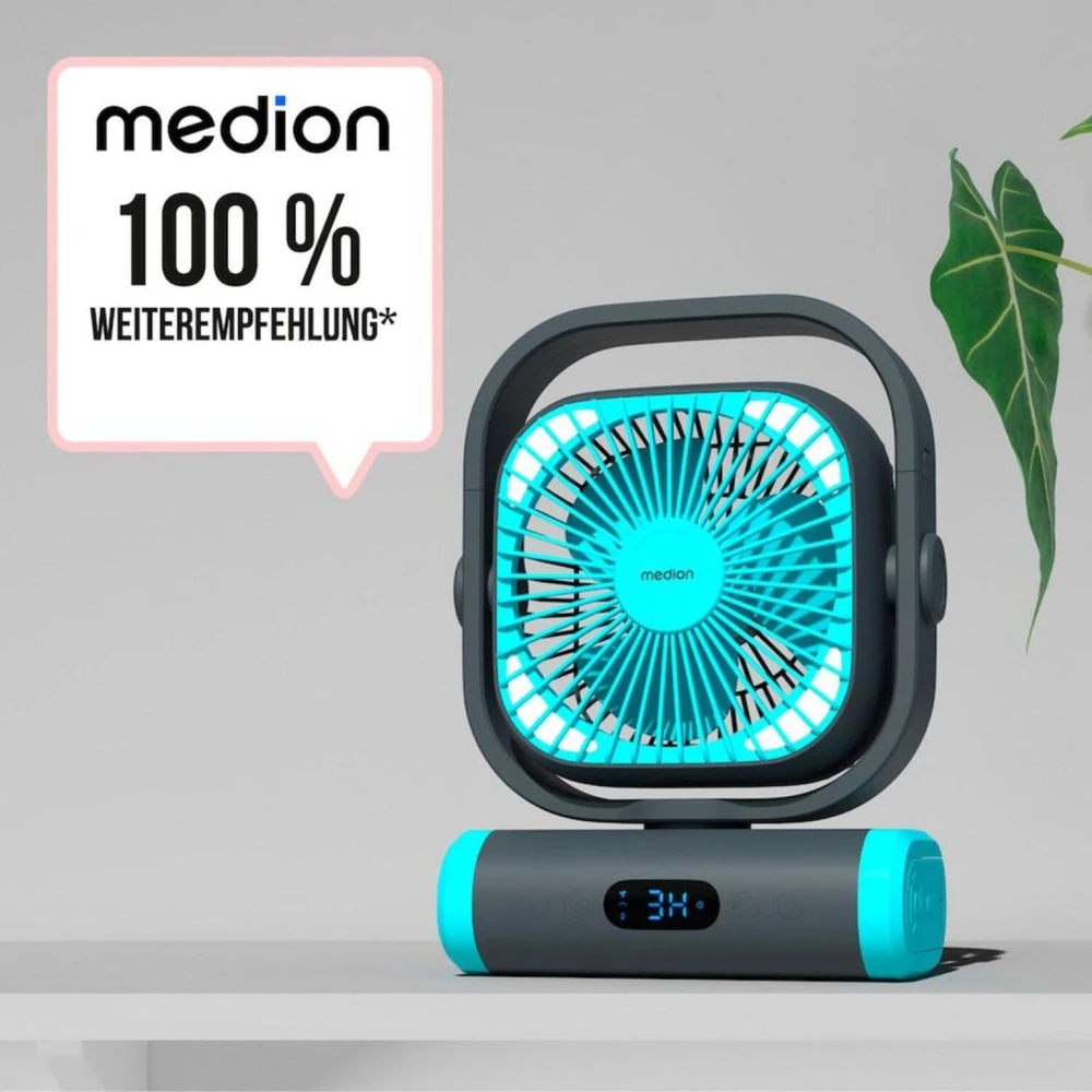 Ventiliatorius Medion LIFE Camping Ventilator E10 TF MD 12065 50078408, 20W, 4m/s, 48dB, 110°, 5 greičiai, 2 režimai, 10000mAh, USB-A, USB-C, LED