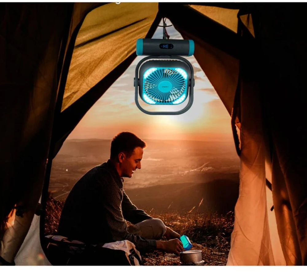 Ventiliatorius Medion LIFE Camping Ventilator E10 TF MD 12065 50078408, 20W, 4m/s, 48dB, 110°, 5 greičiai, 2 režimai, 10000mAh, USB-A, USB-C, LED