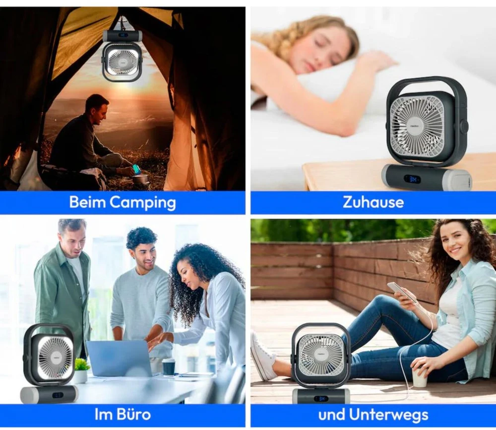 Medion LIFE Stovyklavimo ventiliatorius E10 TF MD 12065 50078440, 20W, 4m/s, 48dB, 110°, 5 greičiai, 2 režimai, 10000mAh, USB-A
