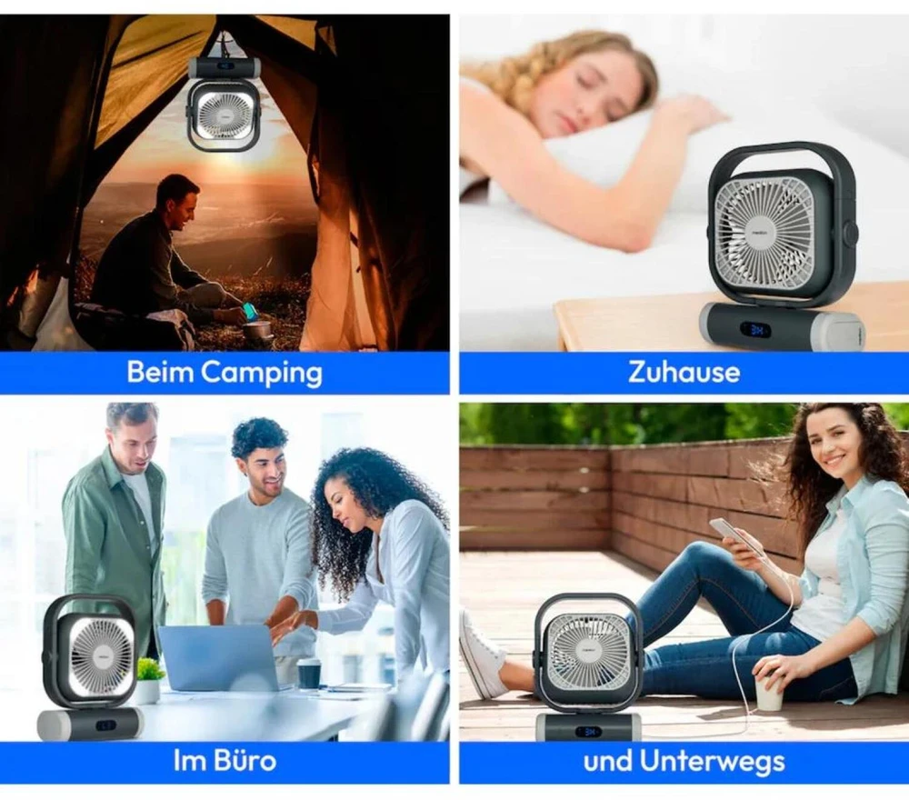 Medion LIFE Stovyklavimo ventiliatorius E10 TF MD 12065 50078440, 20W, 4m/s, 48dB, 110°, 5 greičiai, 2 režimai, 10000mAh, USB-A