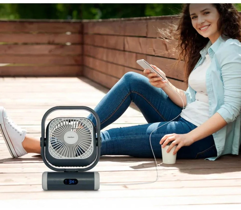 Medion LIFE Stovyklavimo ventiliatorius E10 TF MD 12065 50078440, 20W, 4m/s, 48dB, 110°, 5 greičiai, 2 režimai, 10000mAh, USB-A