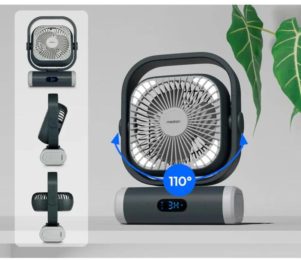 Medion LIFE Stovyklavimo ventiliatorius E10 TF MD 12065 50078440, 20W, 4m/s, 48dB, 110°, 5 greičiai, 2 režimai, 10000mAh, USB-A