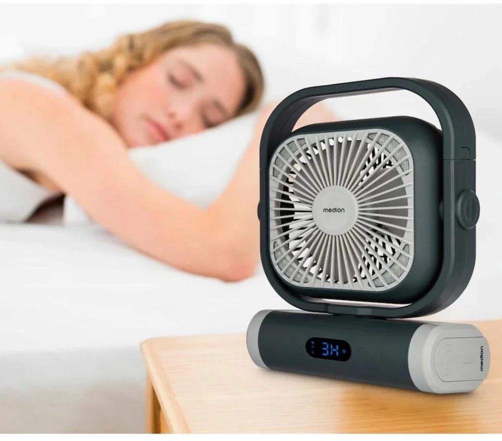 Medion LIFE Stovyklavimo ventiliatorius E10 TF MD 12065 50078440, 20W, 4m/s, 48dB, 110°, 5 greičiai, 2 režimai, 10000mAh, USB-A