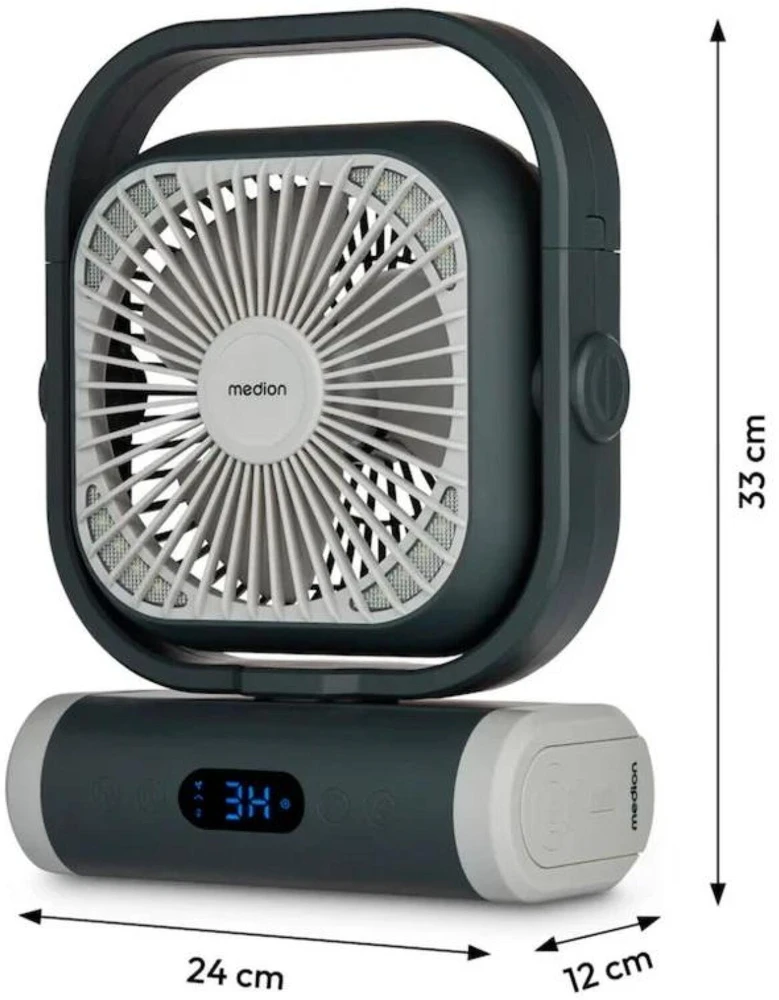 Medion LIFE Stovyklavimo ventiliatorius E10 TF MD 12065 50078440, 20W, 4m/s, 48dB, 110°, 5 greičiai, 2 režimai, 10000mAh, USB-A