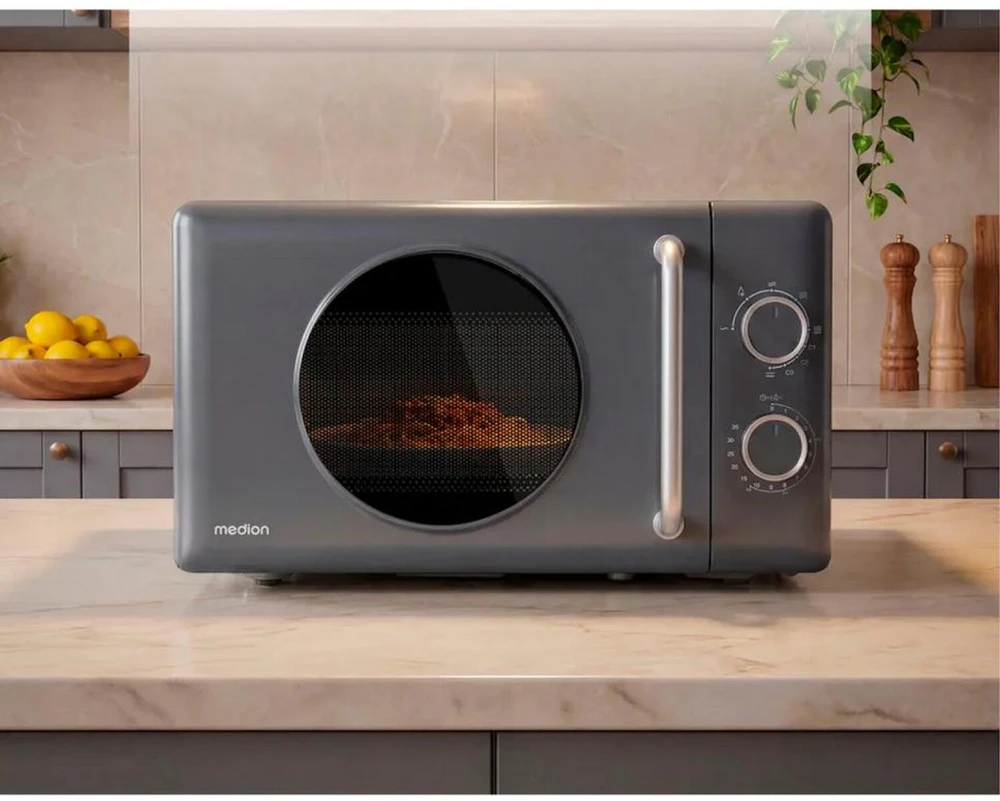 Medion mikrobangų krosnelė MD100119 Life Retro 50079805, 20l, 800W, 1000W grilis, 5 lygiai, 35min laikmatis, chromo rankena