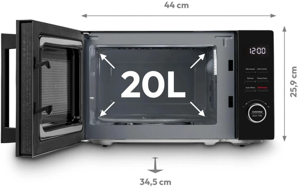 Medion mikrobangų krosnelė MD12021 50076272, 5 galios lygiai, 8 automatinės programos, grilis, laikmatis, LCD ekranas, juoda