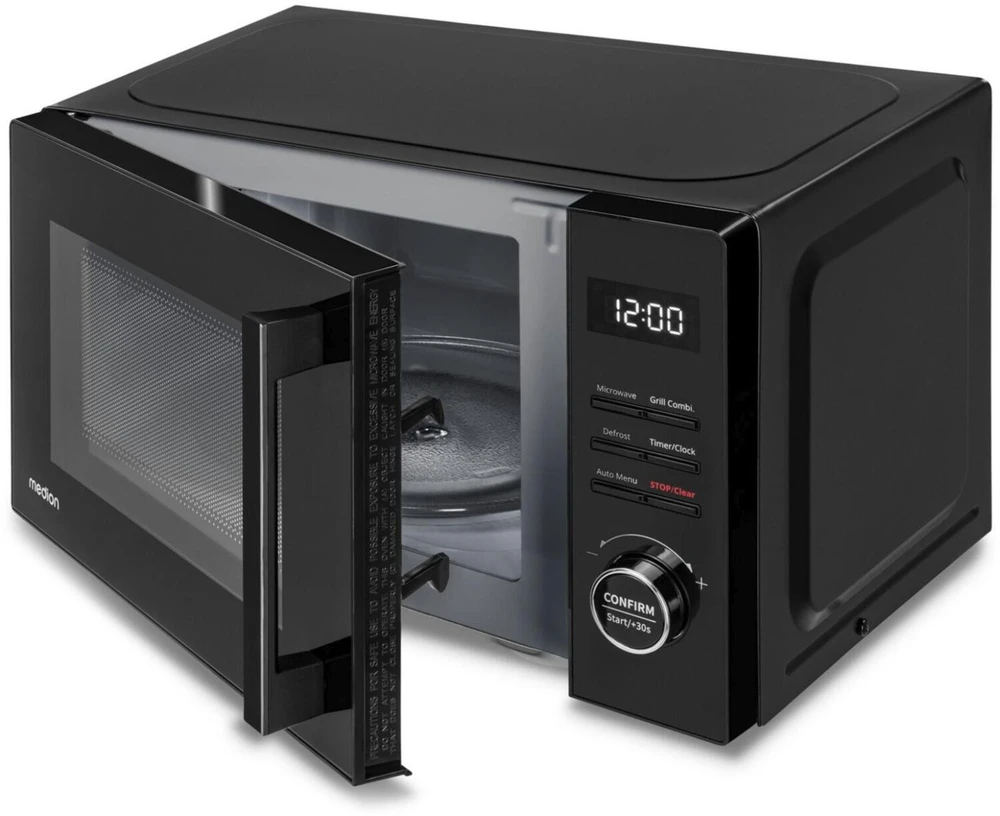 Medion mikrobangų krosnelė MD12021 50076272, 5 galios lygiai, 8 automatinės programos, grilis, laikmatis, LCD ekranas, juoda