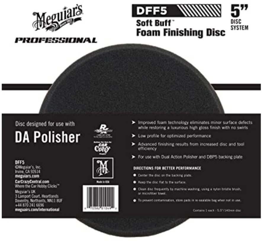 Meguiars DFF5 PRO 5 colių 125 mm minkštas Buff DA (dviejų veiksmų) putplasčio apdorojimo diskas – universalus su lipniu tvirtinimu bet poliruokliui (JAV)