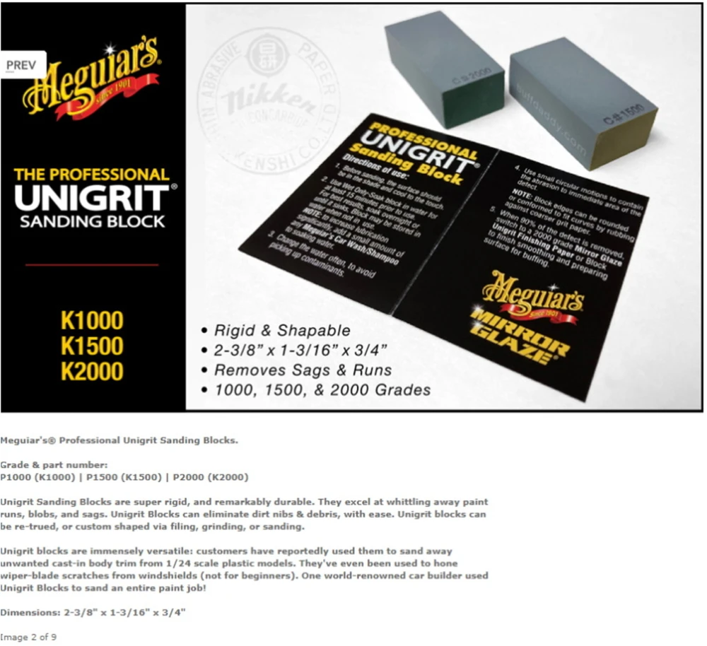 Meguiars K1000 Mirror Glaze Unigrit šlifavimo blokas, skirtas pašalinti dažų defektus, įdubimus (1000 grūdų) (6x3x2cm) (JAV)