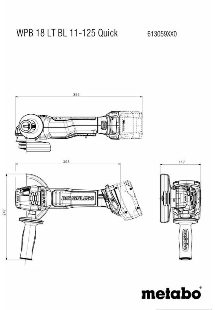Akumuliatorinis kampinis šlifuoklis Metabo WPB 18 LT BL 11-125 Quick; 18 V; 125 mm (be akumuliatoriaus ir pakrovėjo)