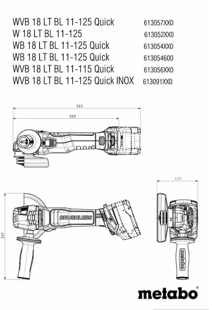 Kampinis šlifuoklis Metabo WVB 18 LT BL 11-125 Quick Inox; 18 V; 125 mm (be akumuliatoriaus ir pakrovėjo)