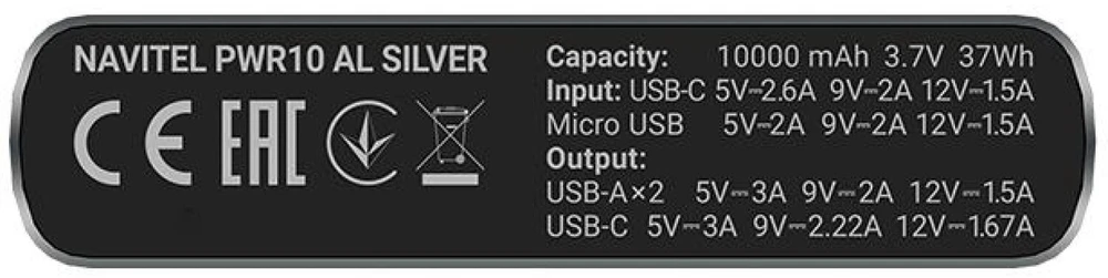 Navitel | Portable Charger | PWR10 AL Sidabrinis | USB-A, USB-C | Lithium-ion