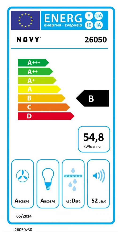 Gartraukis Novy Hood Crystal 26050 Canopy Energy efficiency class B Plotis 60 cm 600 m³/h Push buttons LED Baltas