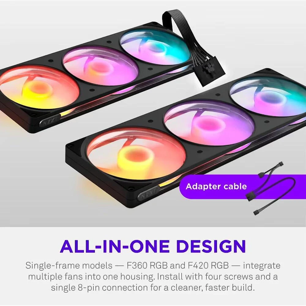 NZXT kompiuterio ventiliatorius F360 RGB RF-R236U-BF, 360mm, 4-pin PWM, NZXT RGB 4-pin, 1 vnt, 2400rpm, 33.0dB(A), RGB apšvietimas