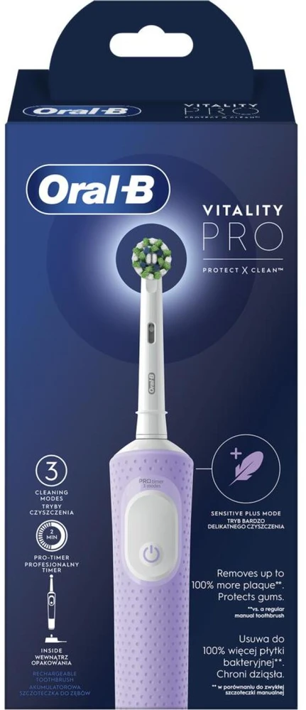 Braun Oral-B | Elektrinis dantų šepetėlis | D103 Vitality Pro | Įkraunamas | Suaugusiesiems | Komplekte šepetėlių galvučių skaičius 1 | Dantų valymo režimų skaičius 3 | Alyvinė migla