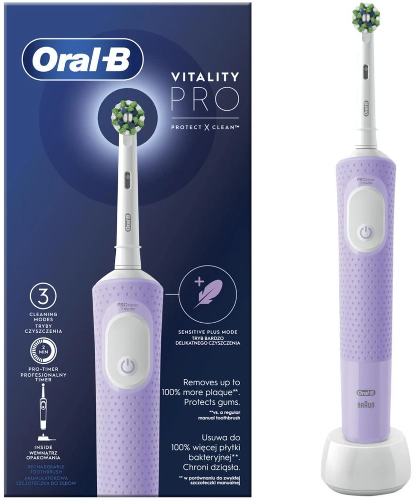 Braun Oral-B | Elektrinis dantų šepetėlis | D103 Vitality Pro | Įkraunamas | Suaugusiesiems | Komplekte šepetėlių galvučių skaičius 1 | Dantų valymo režimų skaičius 3 | Alyvinė migla