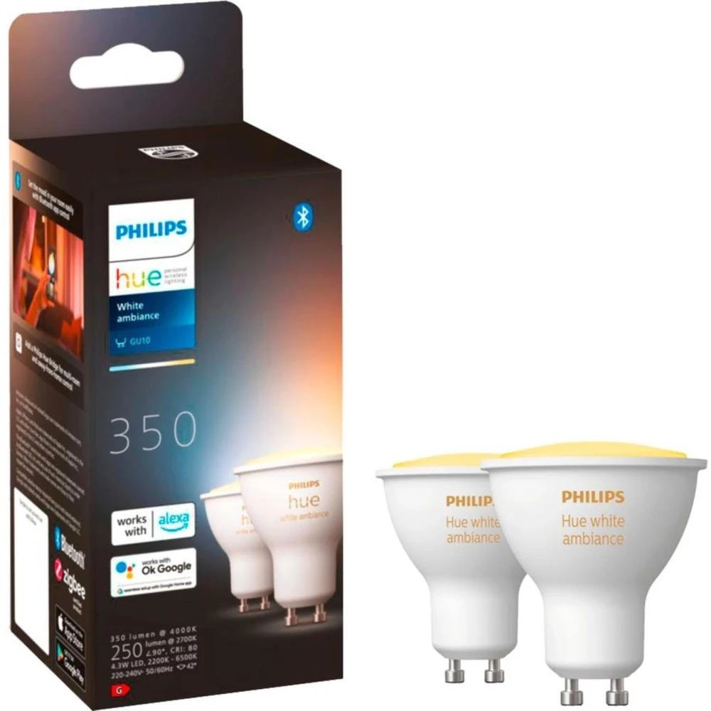 Philips Hue LED lempa PHU-BUNDLE-002, GU10, 2 vnt, 4.3W, 250lm, 2200-6500K, Hue Bridge, Bluetooth, Zigbee, Alexa
