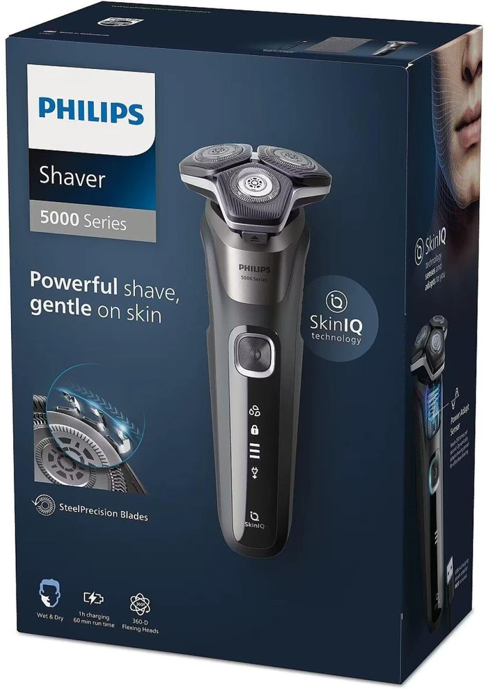 Barzdaskutė Philips skustuvas Series 5000 S5887/13, rotacinis, 60 min, 1 h, šlapias ir sausas, SteelPrecision ašmenys, LED ekranas