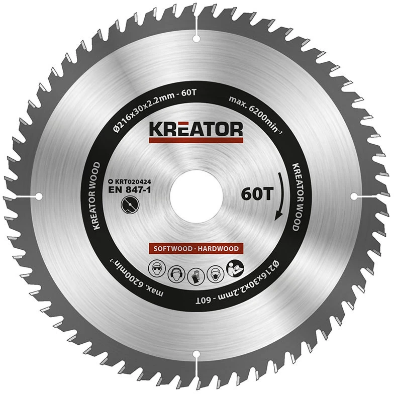 KREATOR KRT020424 - Medienos pjovimo diskas 216 mm, 60 dantų