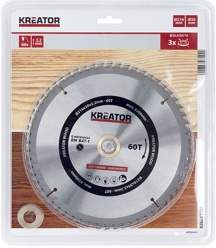 KREATOR KRT020424 - Medienos pjovimo diskas 216 mm, 60 dantų